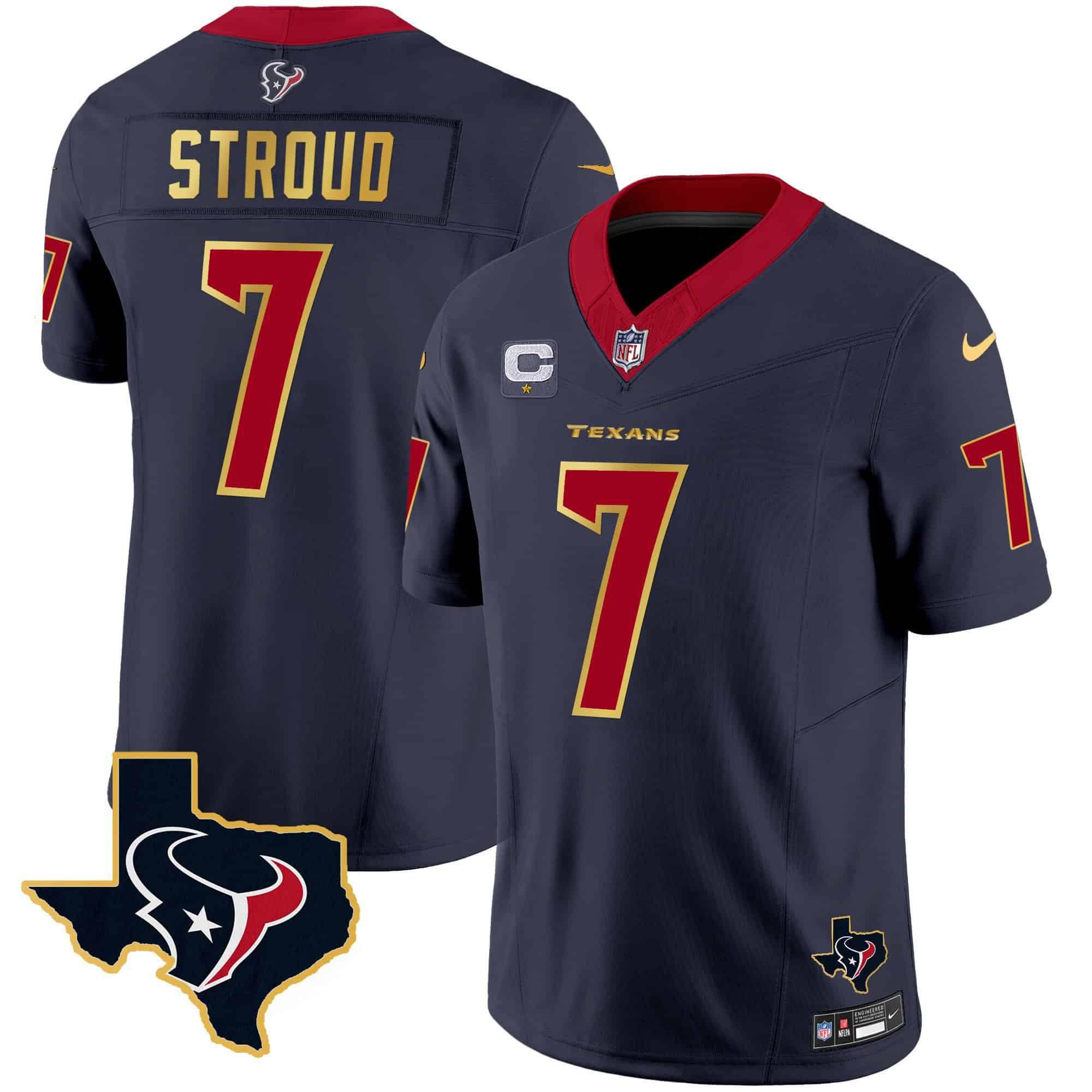 Men Houston Texans #7 Stroud Dark blue Gold 2024 Nike Trim Vapor NFL Jersey style 1